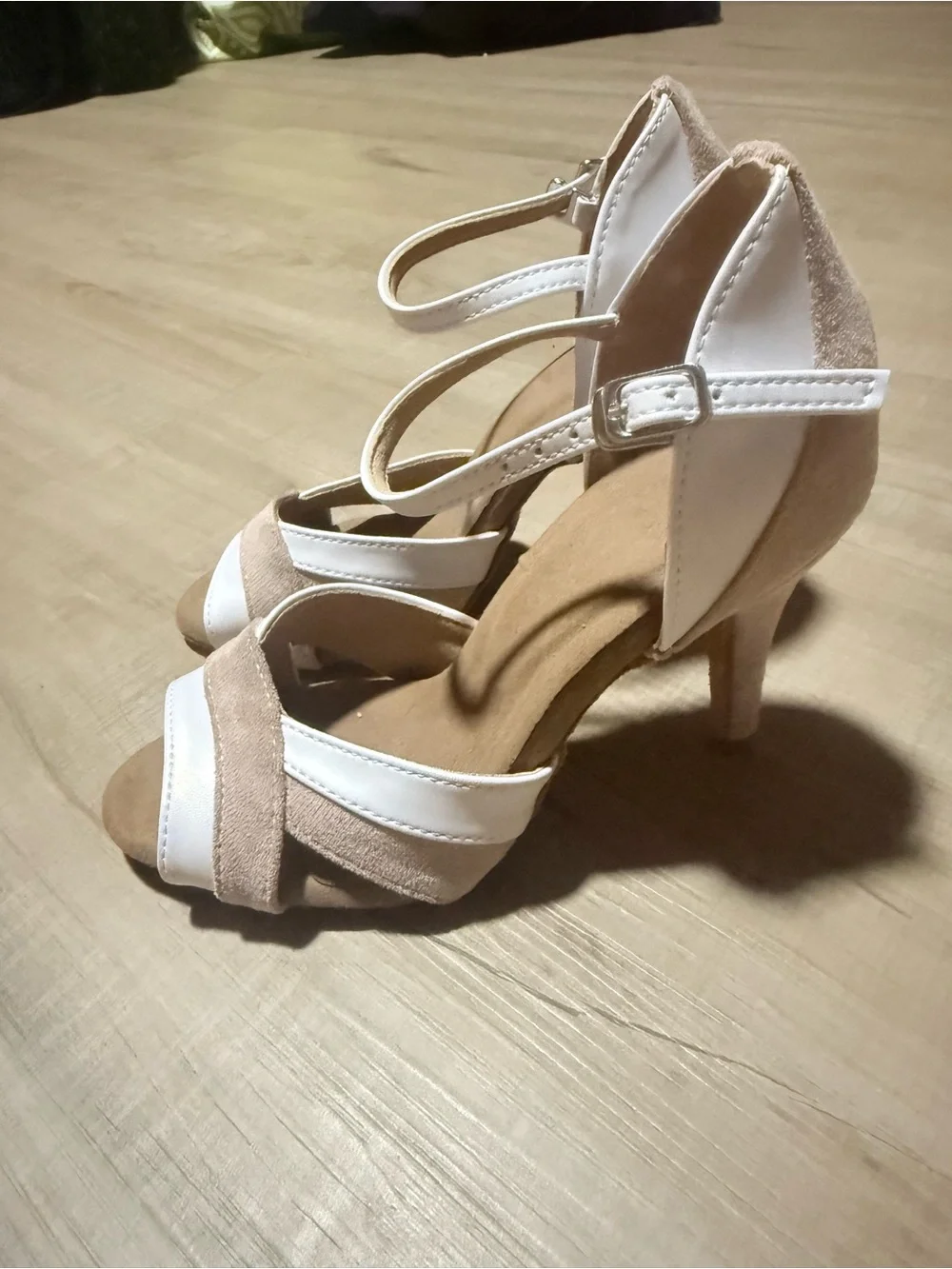 Women’s Ankle-Strap Salsa Dance Shoes in White and Taupe
